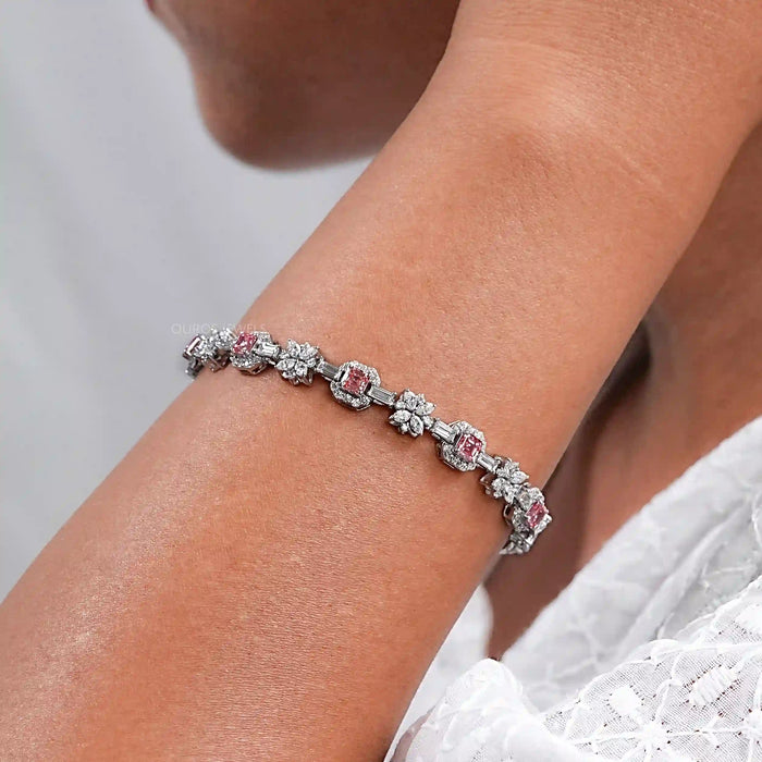 Flower And Pink Asscher Diamond Tennis Bracelet