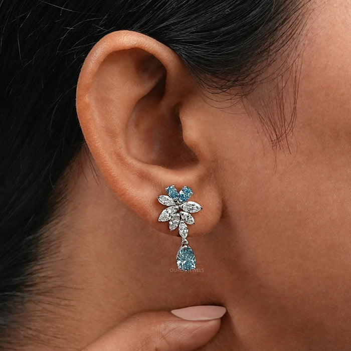 Blue Pear Diamond Cluster Drop Earrings