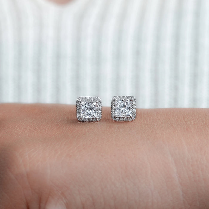 Lab Princess Diamond Halo Stud Earrings