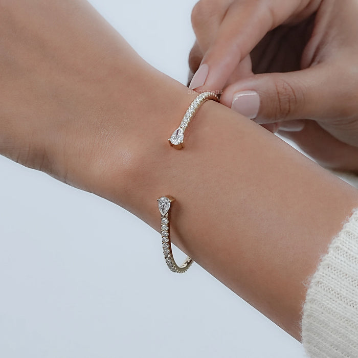 Pear and Round Lab Grown Diamond Open Cuff Bangle