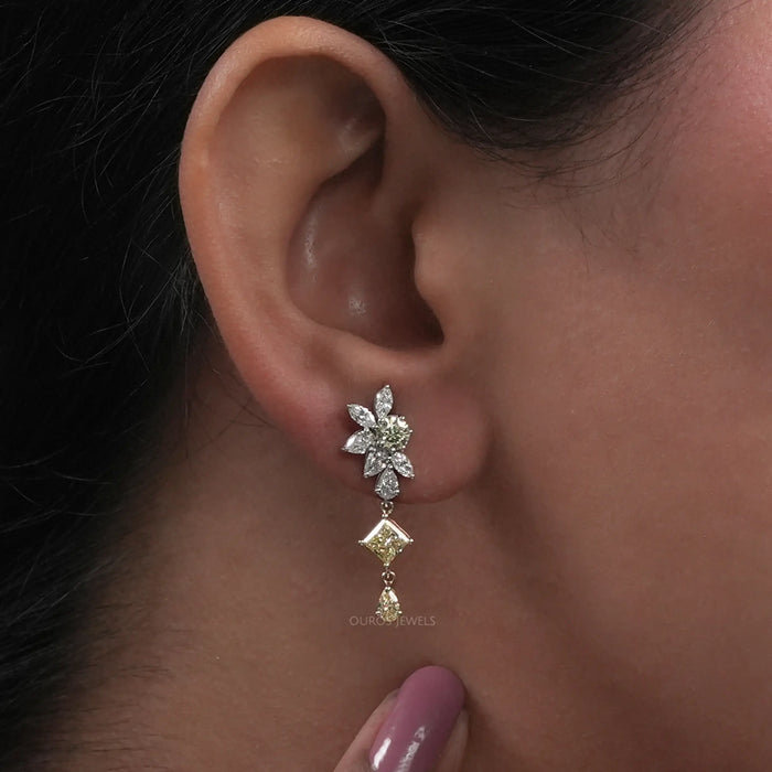 Yellow And White Diamond Floral Drop Earrings