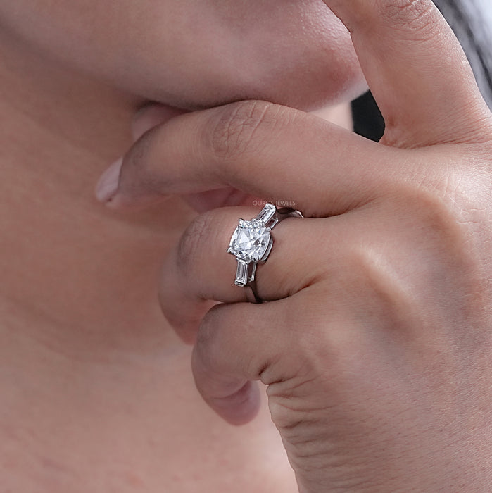 Square Old Mine Cushion Cut Lab Diamond Three Stone Ring