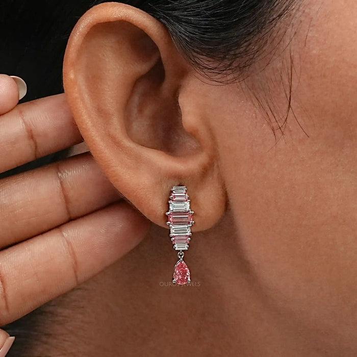 Pink Baguette Attentive Diamond Earrings