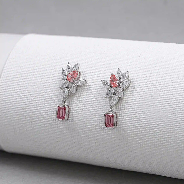 Cluster Drop Earrings With Pink & White Diamonds