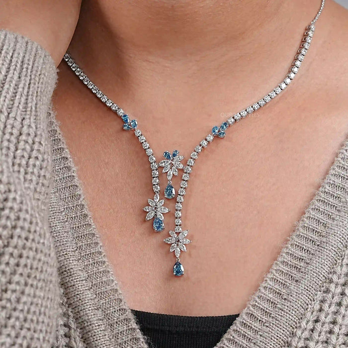 Lab Diamond And Blue Pear Diamond Cluster Necklace