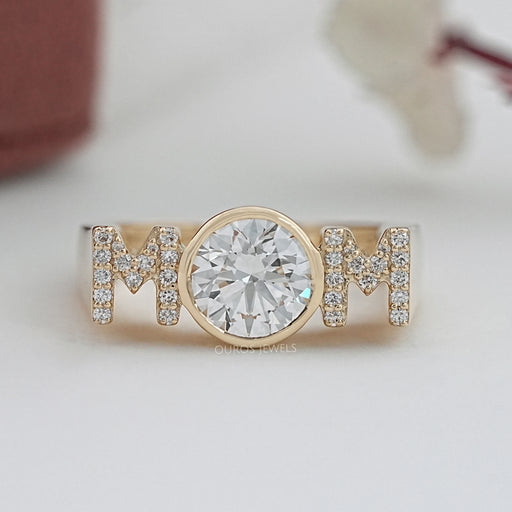 front view of mom initial letter round diamond customized ring for mom