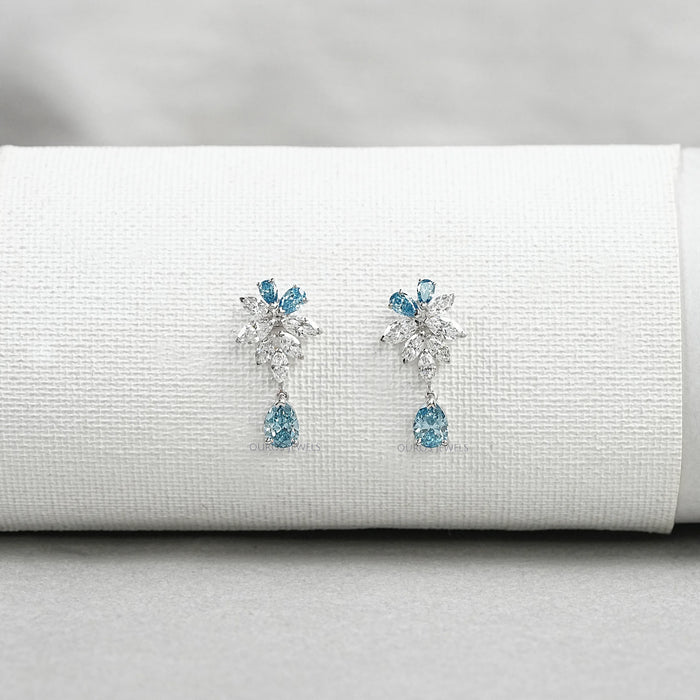 Blue Pear Diamond Cluster Drop Earrings