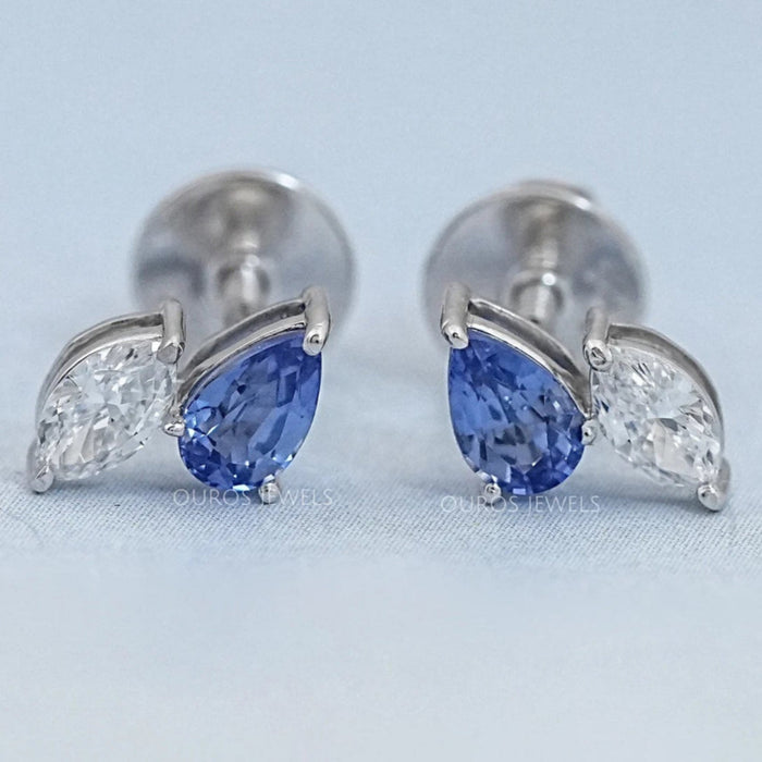 Two Stone Sapphire Pear And Marquise Diamond Stud Earrings