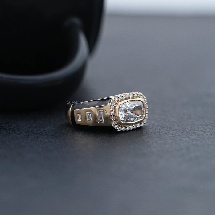 right view of east west radiant cut lab diamond halo men's wedding band