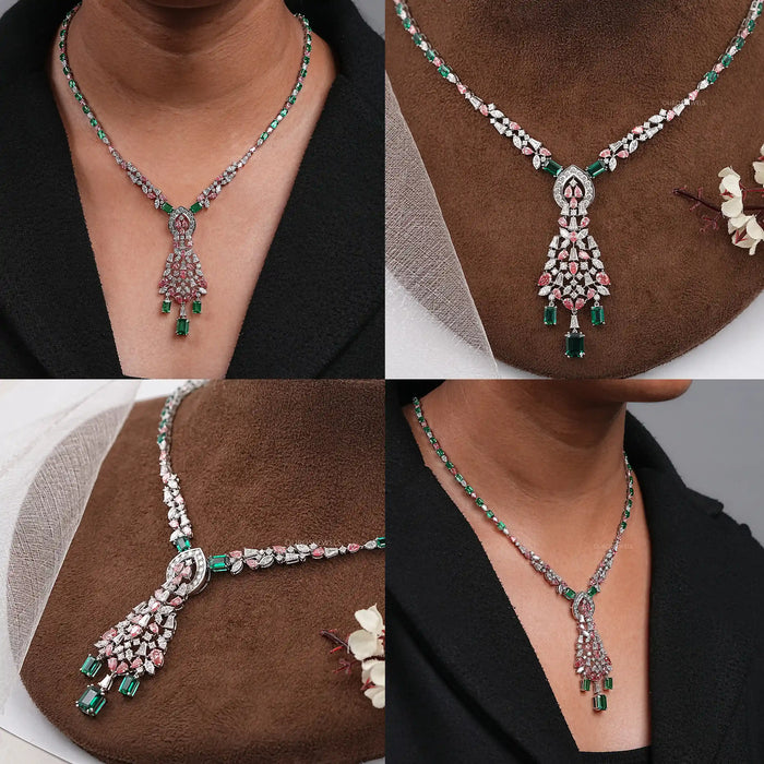 Green Emerald & Pink Pear Diamond Wedding Necklace