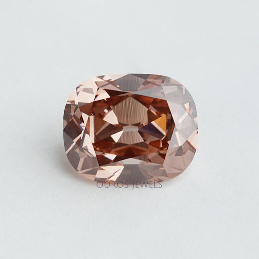 front view of pinkish brown old mine cushion cut lab grown diamond loose