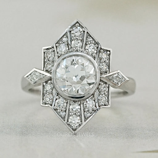 front view of old european round cut diamond bezel set engagement ring