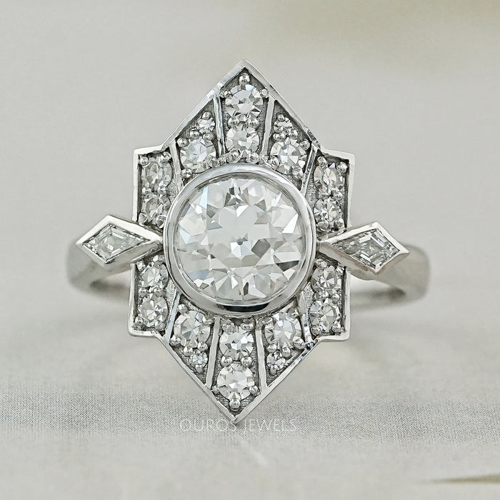 front view of old european round cut diamond bezel set engagement ring
