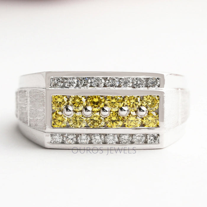 front view of yellow round-cut lab-grown colored diamond men's wedding band