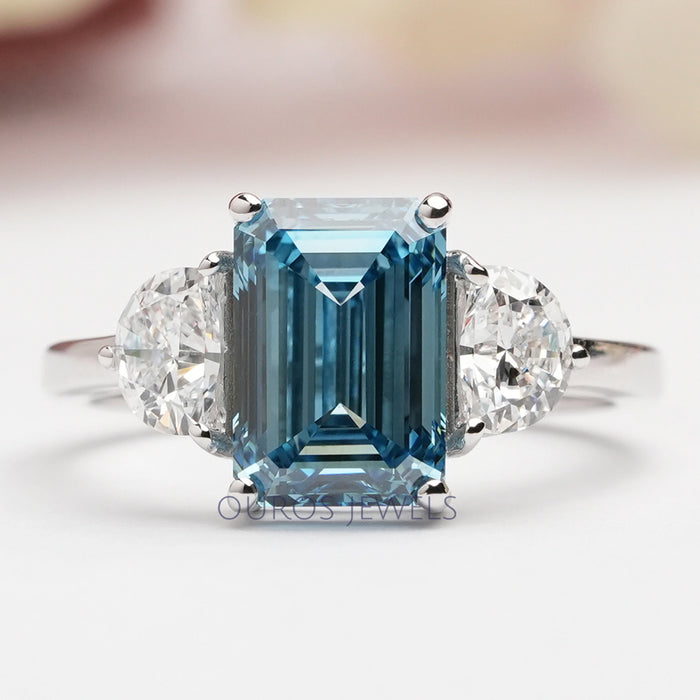 Blue Emerald Three Stone With Half Moon Cut Ring