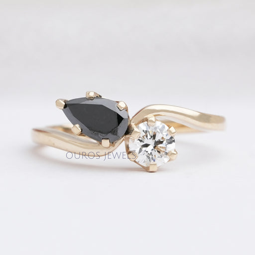 front view of natural black pear-cut lab-grown diamond two-stone colored wedding band