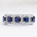 front view of five stone blue asscher cut gemstone halo diamond wedding ring