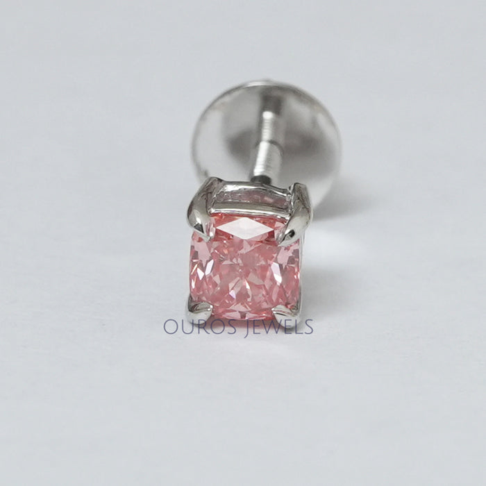 front view pink cushion diamond single screw flat back stud earring white gold