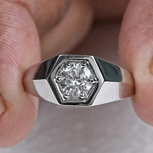 front view of round cut lab diamond white gold men's wedding ring