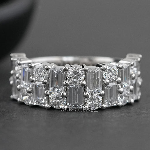 front view of baguette and round brilliant cut lab diamond unisex rings for couples
