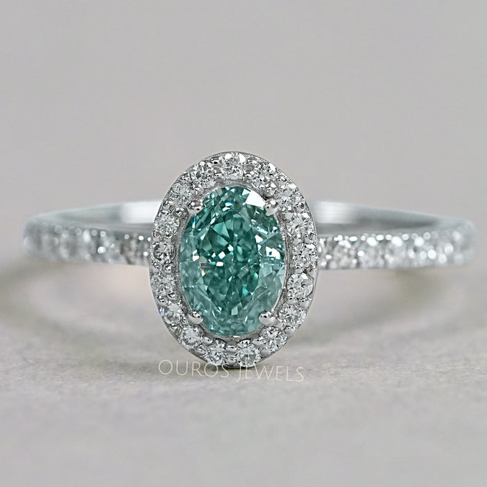 Fancy Vivid Green Oval  Cut Lab Diamond  Halo  Ring