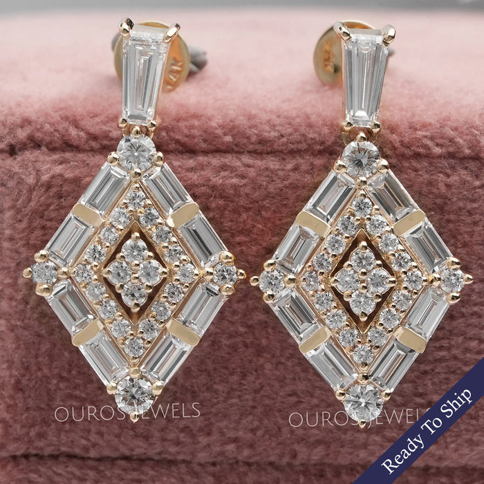 Baguette And Round Cut Double Halo Screw Back Earrings