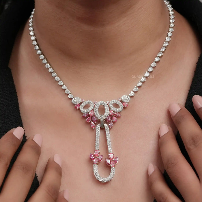 Pink Pear And Marquise Diamond Cluster Bridal Necklace