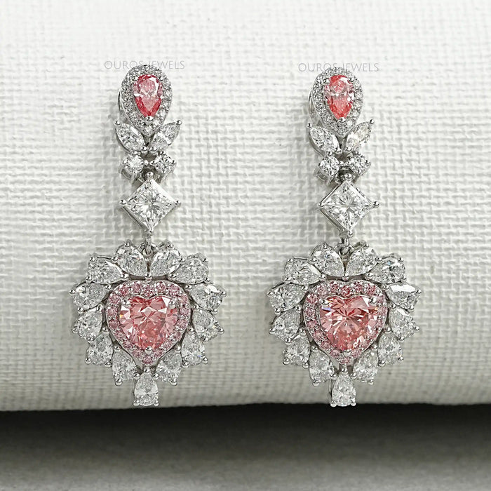 Pink Heart Cut Double Halo Drop Dangle Earrings