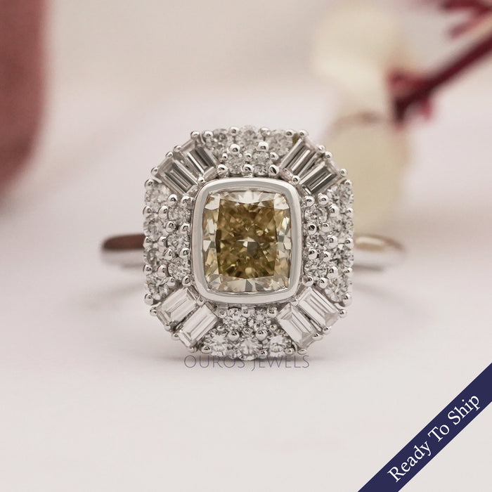 Yellow Cushion Cut Lab Diamond Bezel Set Cluster Ring