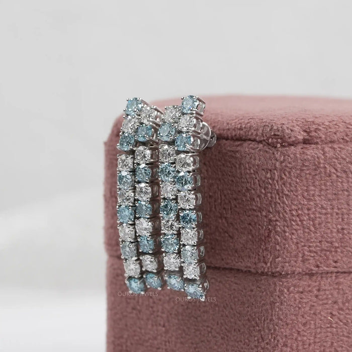 Double Row Blue Round Lab Diamond Earrings