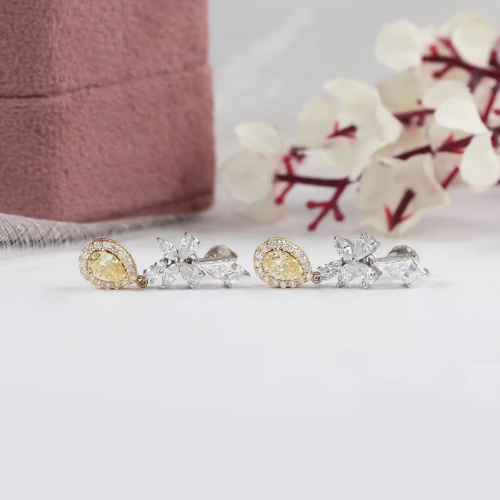 Yellow Pear Lab Diamond Halo Dangle Earrings