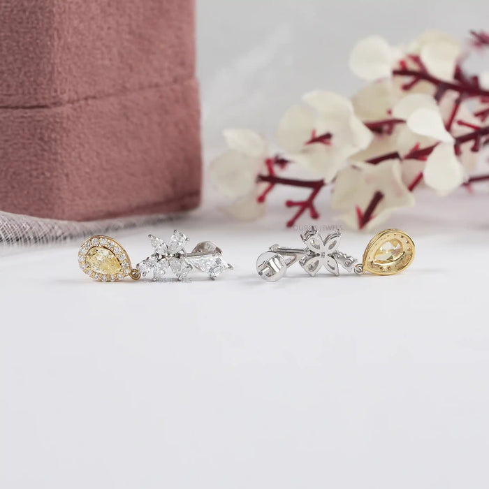 Yellow Pear Lab Diamond Halo Dangle Earrings