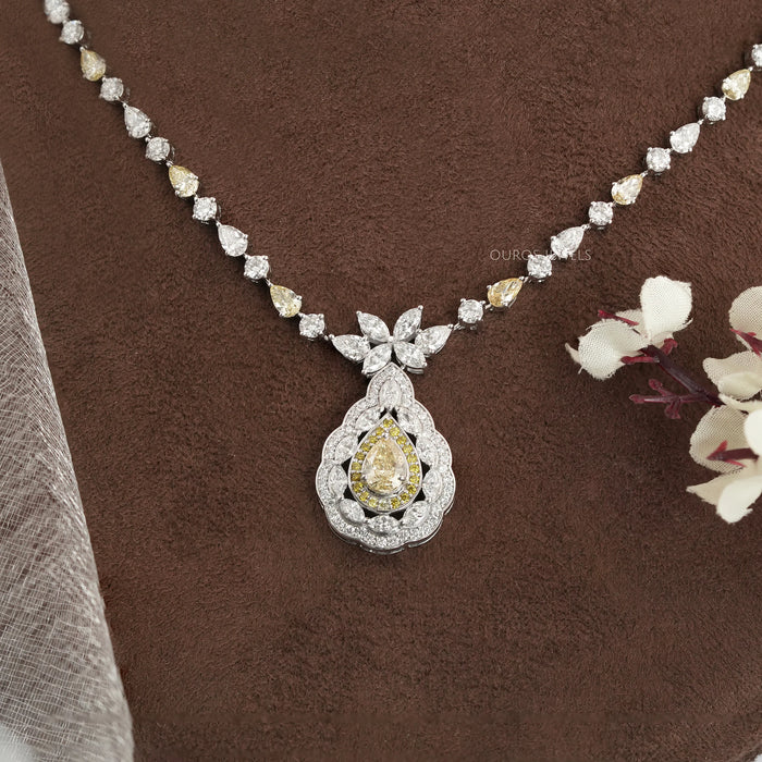 Yellow Pear And White Diamond Teardrop Necklace