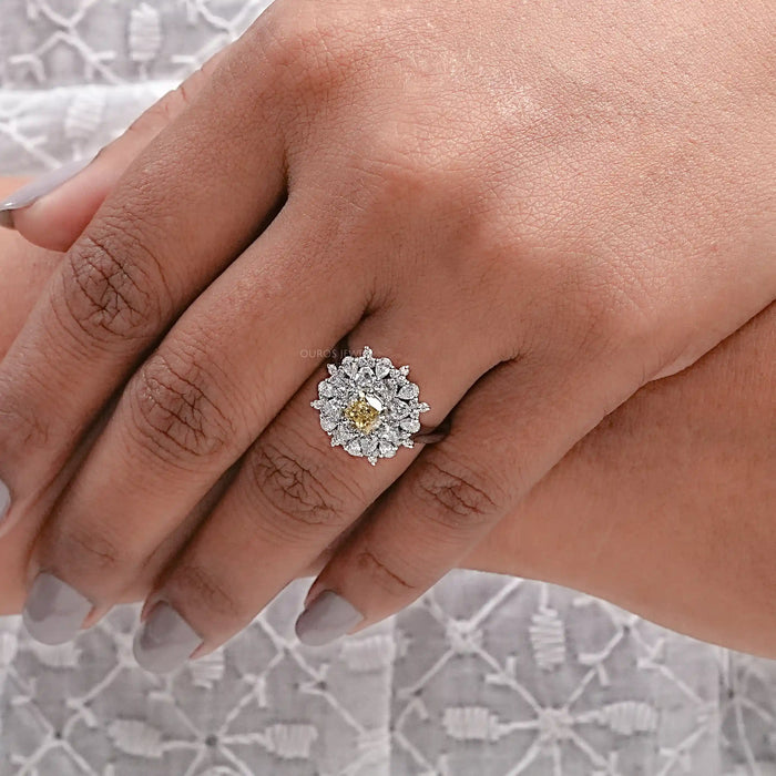 Yellow Cushion Cut Lab Diamond Sunburst Cluster Set Halo Ring