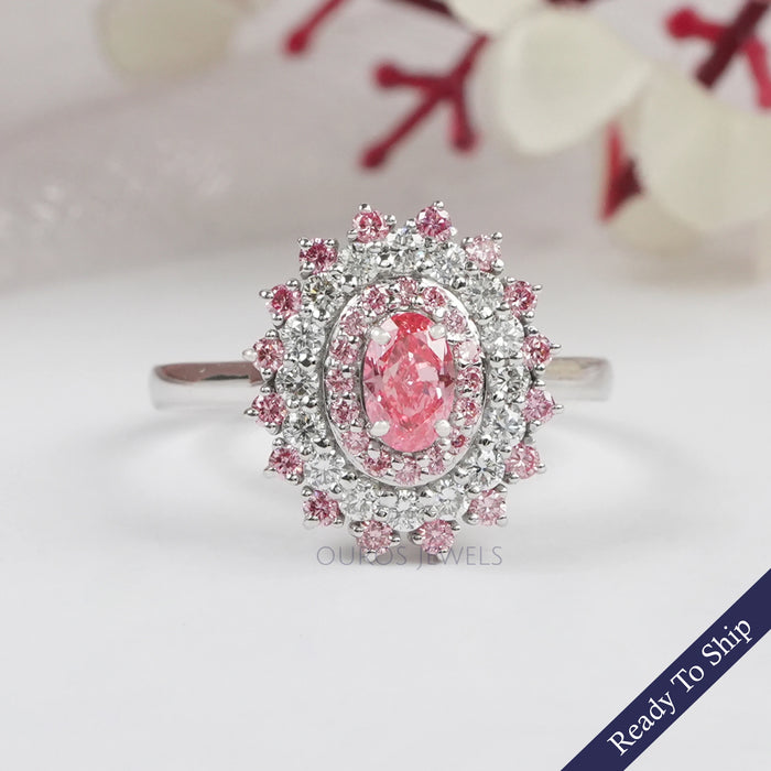 Pink Oval Cut Lab Diamond Double Halo Engagement Ring