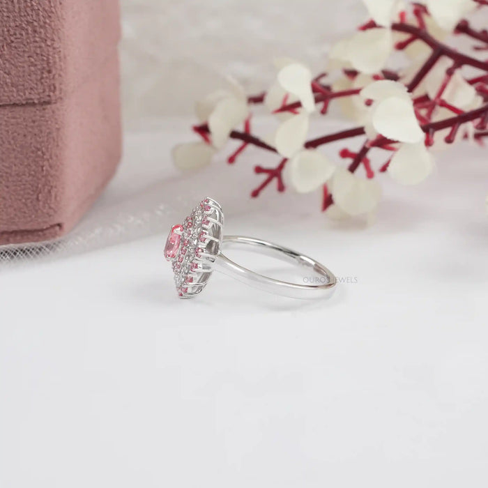 Pink Oval Cut Lab Diamond Double Halo Engagement Ring