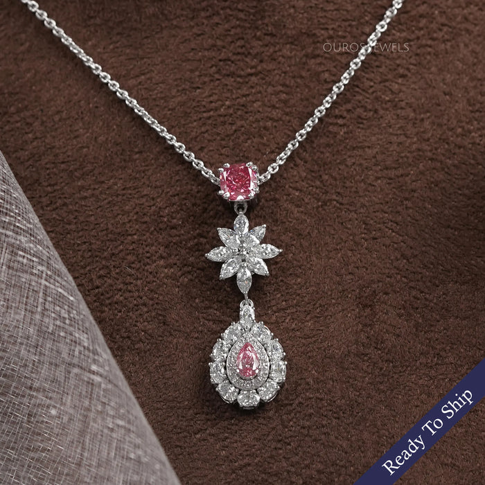 Pink Pear Diamond Double Halo Drop Pendant