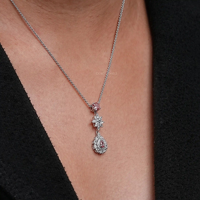 Pink Pear Diamond Double Halo Drop Pendant