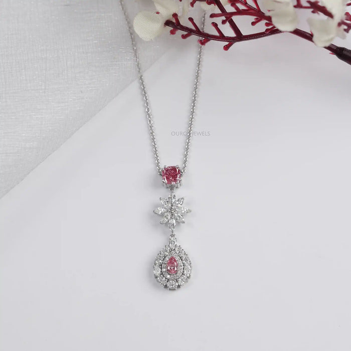 Pink Pear Diamond Double Halo Drop Pendant