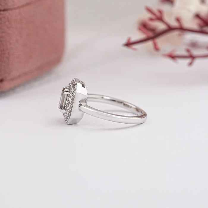 Olive Emerald Cut Lab Diamond Double Halo Engagement Ring