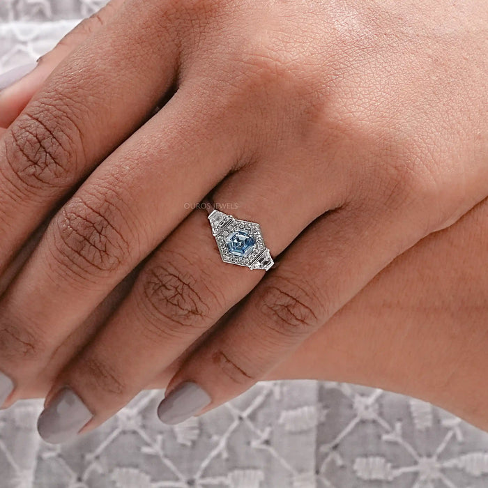 Blue Hexagon Cut Lab Diamond Three Stone Halo Ring