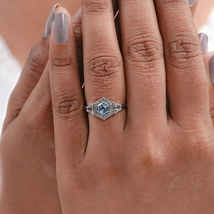 Blue Hexagon Cut Lab Diamond Three Stone Halo Ring