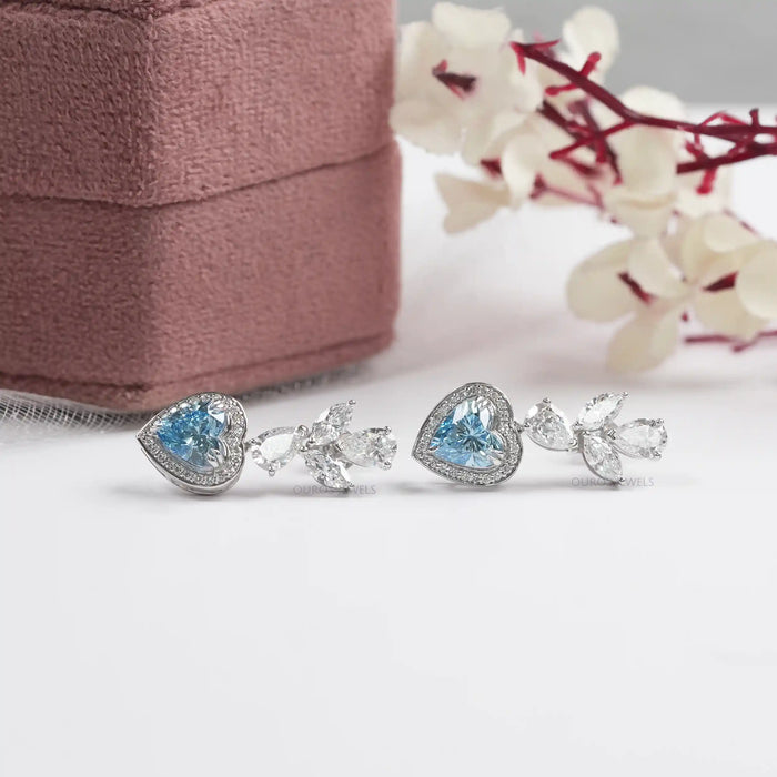 Blue Heart Lab Diamond Halo Drop Earrings