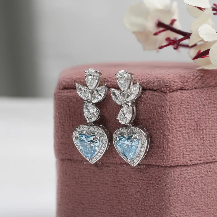 Blue Heart Lab Diamond Halo Drop Earrings