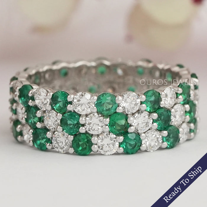 Three Row Emerald Gem And Diamond Wedding  Band