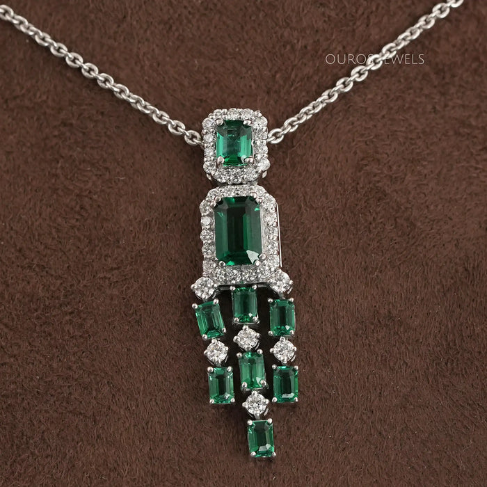 Green Emerald Halo Diamond Chandelier Necklace Set