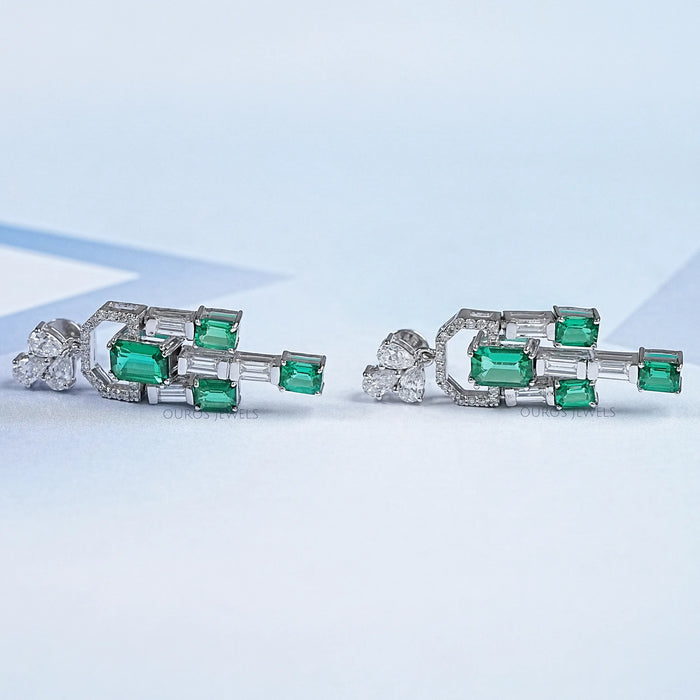 Green Emerald And Diamond Linear Drop Earrings