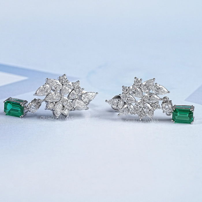 Diamond Cluster Drop Emerald Earrings
