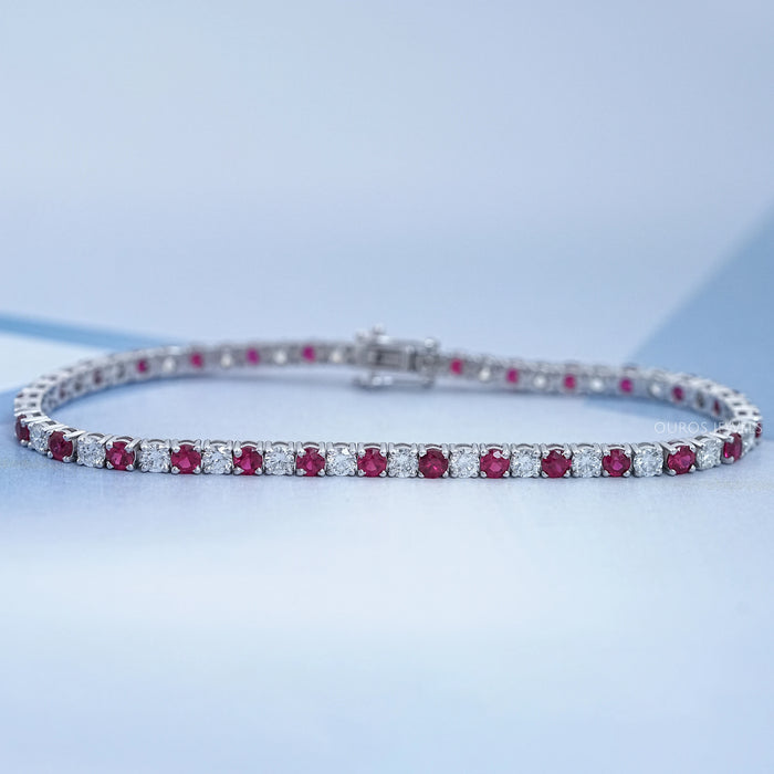 Ruby Round Gemstone And Lab Diamond Tennis Bracelet
