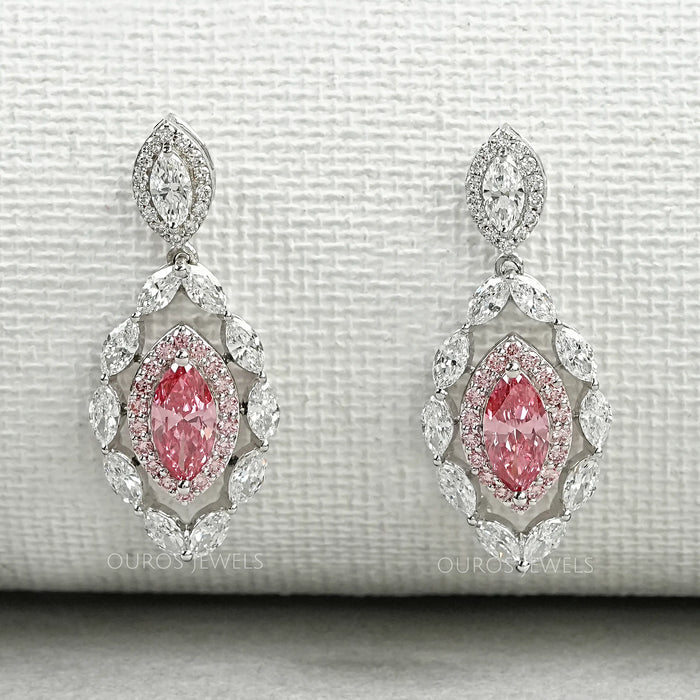 Fancy Pink Marquise Shape Double Halo Earrings